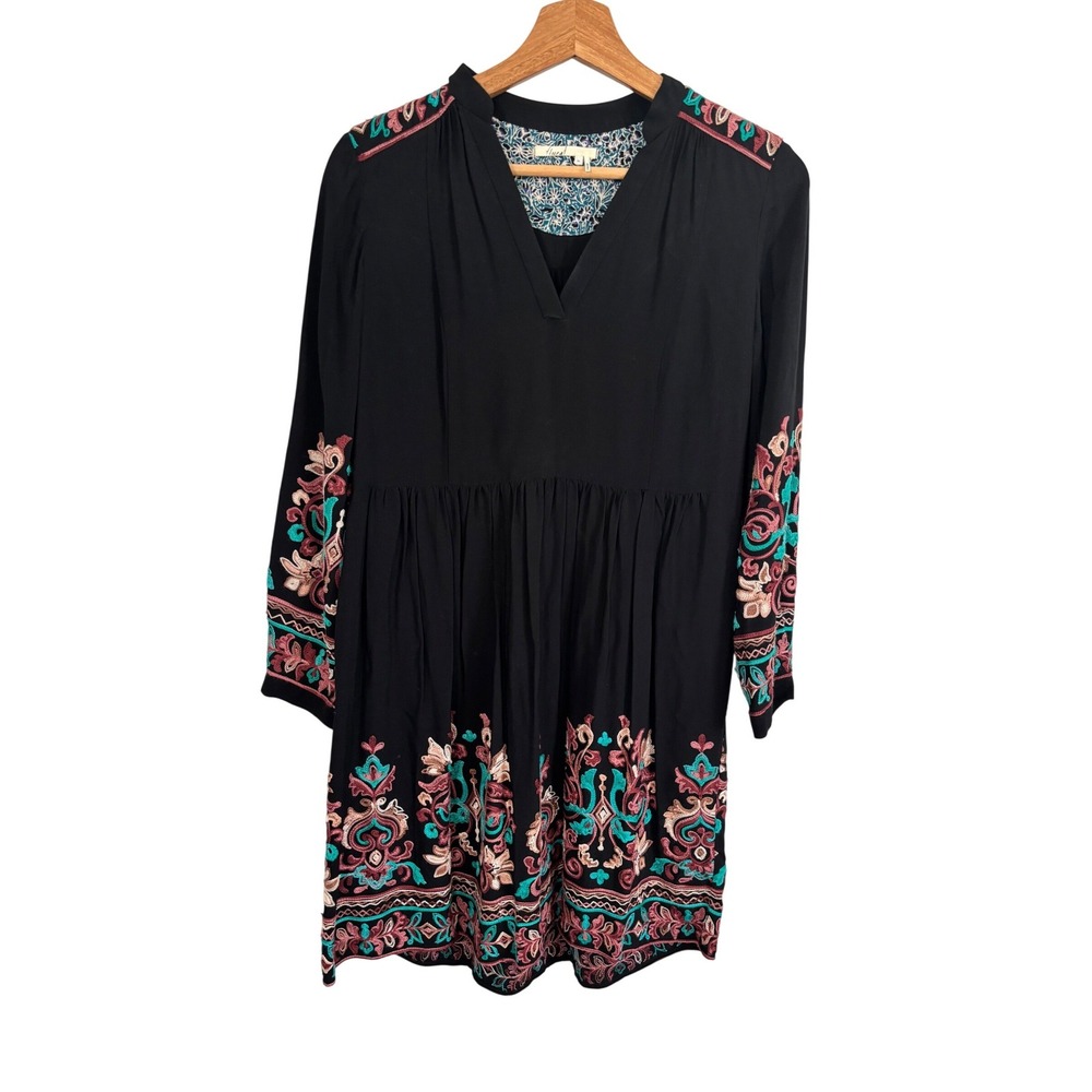Floreat Anthropologie Black Embroidered Boho Mini Dress Split V-Neck XS
